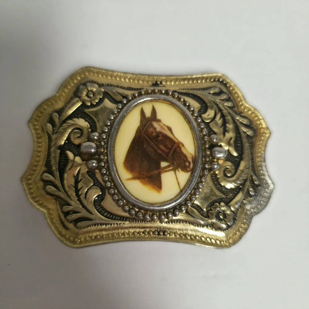 Vintage Horse Head Western Belt Buckle Gold Tone Ornate Floral Cowboy Cameo